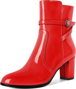 Женские ботильоны Mettesally с массивным каблуком, круглым носком и боковой молнией, осень-зима, высота каблука 7 см, Patent Red