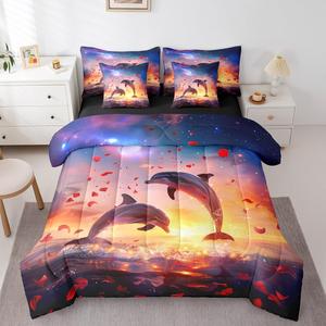 Erosebridal Комплект постельного белья Dolphin Comforter Set для детей с 3D принтом дельфинов и морской тематикой, реверсивный дизайн звездного неба и океана, красные и розовые оттенки, Black Purple