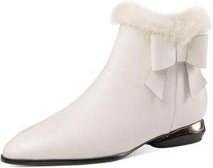 Женские ботильоны на плоской подошве с острым носком TinaCus из натуральной кожи с мехом, ручной работы с бантом и боковой молнией, Beige