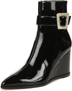 Женские стильные ботильоны YDN с ремешком и пряжкой, на танкетке, с высоким каблуком, заостренным носком и боковой молнией, для вечеринок и работы, размеры 4-16 US, Black Glossy