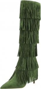 Женские сапоги YDN Cowgirl с бахромой, кисточками, высоким каблуком-стилето до колена, боковой молнией, длинные ботильоны в западном стиле, размеры 4-15 US, Green
