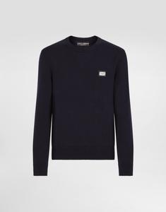 Шерстяной джемпер с круглым вырезом и фирменной биркой Dolce & Gabbana, синий