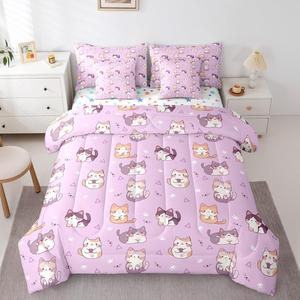 Erosebridal Комплект постельного белья Kids Cute Cat для девочек, милый дизайн с котиками, фиолетовый цвет, мягкий материал, Purple Yellow