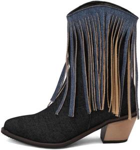 Женские ковбойские ботильоны с бахромой, заостренный носок, короткие ковбойские ботинки с средним каблуком-блоком, ретро стиль всадника с бахромой на щиколотке Generic, Black