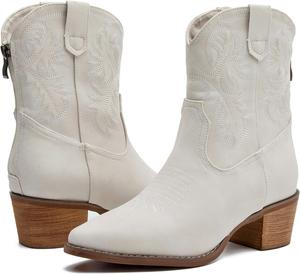 Женские западные сапоги DADAWEN с вышивкой, заостренным носком, массивным каблуком, ковбойские сапоги, на молнии, уличные сапоги до середины голени, Beige