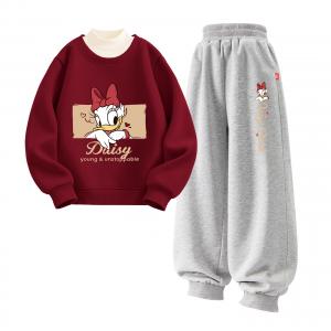 Детская повседневная спортивная одежда с воротником-гольф утепленная Disney, [thickened and fleece-lined three-piece set]dihe look бордовый+dihe look k серый+solid color milk белый