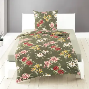 Постельное белье Mako Satin 135x200 см, 2 предмета, цветочный узор, оливково-зеленый, красный, желтый Bierbaum