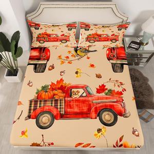 Erosebridal Комплект постельного белья Autumn Harvest с тематикой осеннего урожая, тыквами, листьями и красным грузовиком, Multi 07