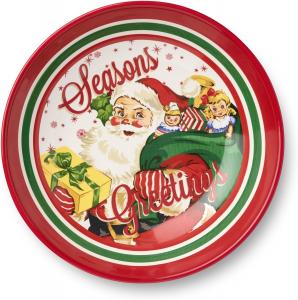 Certified International Santa’s Retro Christmas сервировочная чаша - большая праздничная миска с изображением Санты, снеговика и оленя, винтажная посуда для салатов, пасты и попкорна, красный/белый/зеленый/желтый/черный/бежевый