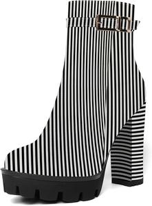 Женские ботильоны AMBELIGHT на платформе с круглым носком, однотонные, для вечеринки, с молнией, сексуальные, лакированные, массивный высокий каблук 12 см, White Black Stripes