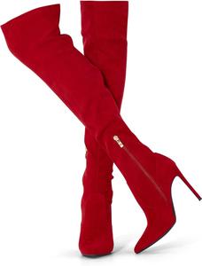 GENSHUO Женские сапоги выше колена с каблуком, замшевые ботфорты на высокую ногу, эластичные сексуальные сапоги с острым носком и шпилькой, Red