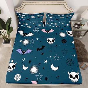 Erosebridal Комплект постельного белья Happy Halloween с принтом призраков, пауков и летучих мышей в темно-синем цвете, Azure Blue