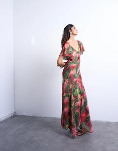 Платье миди Topshop с рукавами-крылышками и подолом годе с размытым цветочным принтом