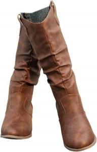 Женские ковбойские сапоги средней высоты западного стиля с низким широким каблуком, укороченные сапожки с круглым носком и мягким голенищем Generic, Brown