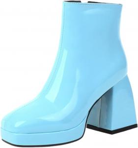 Женские модные ботильоны LYYSKY с квадратным носком на высоком толстом каблуке 9 см, короткие, с боковой молнией и платформой, размер US4-US14, Blue(525-1)