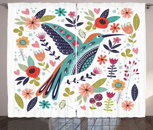 Штора ABAKUHAUS с принтом птиц в деревенском стиле, цветущие цветы и растения, универсальная ленточная штора для гостиной с петлями и крючками, 280 x 225 см, цвет "Темная морская пена", многоцветная Abakuhaus