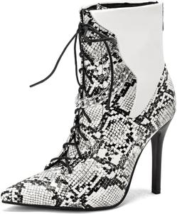 Женские элегантные ботильоны с острым носком на шнуровке, с молнией, на высоком каблуке-кубике, зимние и осенние короткие ботинки JOEUSTY, White-Snakeskin