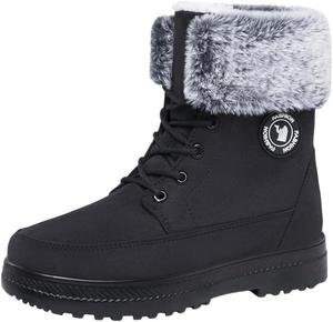 Женские модные короткие ботинки - теплые, больших размеров, на шнуровке, высокие хлопковые ботинки - подходящие для осенних и зимних нарядов HoaloX, Black