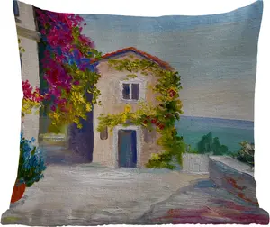 Подушка для улицы - Картина - Дом - Масляная краска - Деревня - 45x45 см - Устойчива к атмосферным воздействиям - Подушка для отдыха - Фотоподушка - Декоративная подушка MuchoWow