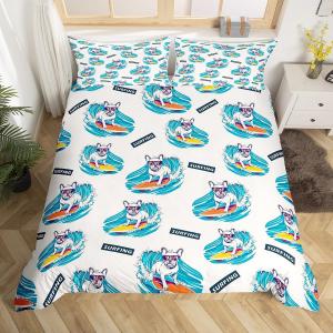 Erosebridal Комплект постельного белья Surfer Bulldog Full с принтом серфинга и собак в морском стиле, White Blue