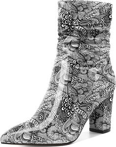 Женские свободные ботильоны Mettesally с высокими массивными каблуками, заостренным носком, боковой молнией, каблук 3,5 дюйма, полусапожки для платья, Patent Flower White