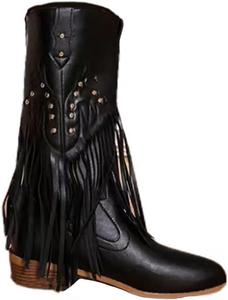 Женские ковбойские сапоги Ulalaza с бахромой, скрытой танкеткой, скуфита на щиколотке, с кисточками, стразы, блестящая ткань, нубук, удобные сапоги на ноге для улицы, свадьбы или вечеринки, S2-Black