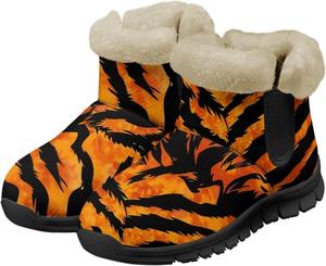 Зимние сапоги для женщин с противоскользящей подошвой, плотной подкладкой, теплые зимние ботинки для улицы, слипоны, короткие ботильоны Suhoaziia, Orange Tiger Stripes