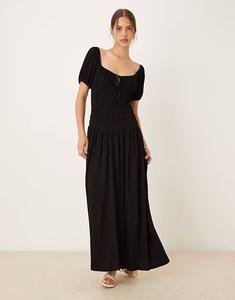 Платье миди «молочник» с присборенной талией и рукавами-буфами, черное Asos Design