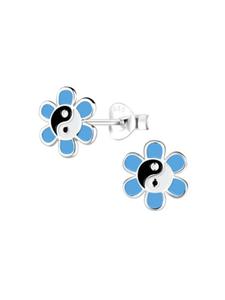 Alexander York Серьги-гвоздики в виде голубого цветка Инь-Ян из серебра 925 пробы, комплект из 2 штук