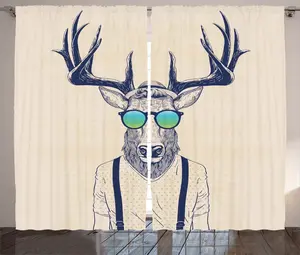 Штора из лент для спальни ABAKUHAUS "Рог в деревенском стиле", хипстерская, забавная, с забавным животным, присборенная, с петлями и крючками, 280 x 175 см, бежево-темно-синий Abakuhaus