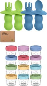 Набор силиконовых детских ложек и вилок Keababies из 4 упаковок и стеклянные контейнеры для детского питания из 12 упаковок