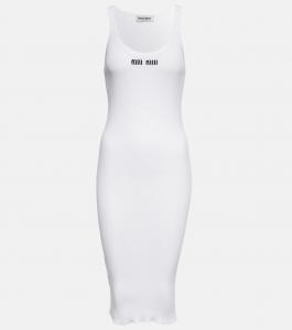 Платье миди из хлопкового джерси с логотипом Miu Miu, Bianco