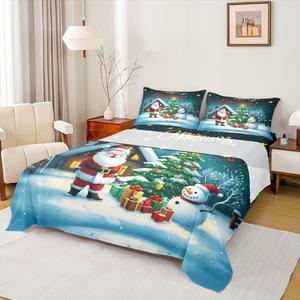 Erosebridal Комплект постельного белья с новогодним принтом Санта и снеговиком, Blue White