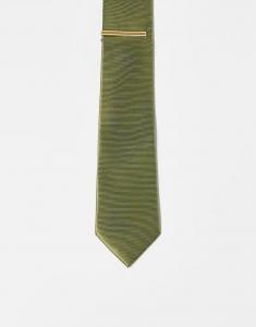 Атласный галстук ASOS DESIGN зеленого цвета с зажимом для галстука