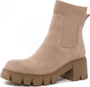 Женские эластичные ботильоны челси на щиколотке, модные с низким массивным каблуком, платформой и рифленой подошвой Generic, Beige