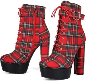 Maiosfy Женские ботильоны на высокой платформе с массивным каблуком, узором «гусиная лапка», шнуровкой, ремешком на щиколотке с пряжкой и боковой молнией, удобные туфли для вечерних платьев