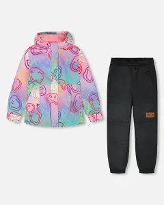 Комплект из двух предметов верхней одежды для межсезонья с разноцветным принтом в виде смайликов Deux Par Deux