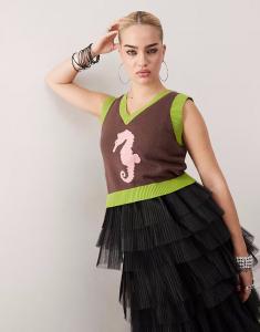 Топ с морским коньком в технике интарсия коричневого и зеленого цветов Tyler Mcgillivary