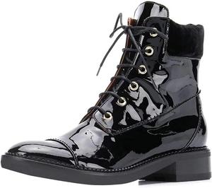 Женские ботинки YDN с круглым носком, боевые, массивный низкий каблук, высокие ботильоны на шнуровке, Black Patent