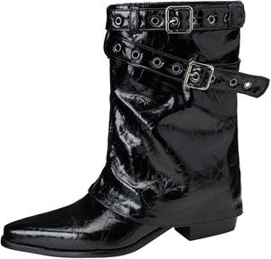 Женские западные ботильоны для верховой езды с заостренным носком, на среднем каблуке, с отворотом, для широкой голени, элегантные короткие ботинки JOEUSTY, Black