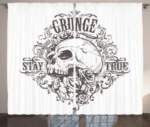 Штора ABAKUHAUS "Абстрактное искусство в деревенском стиле", Череп, Роза, Грязь, Универсальные ленточные шторы для гостиной с петлями и крючками, 280 x 175 см, Белый/Черный Abakuhaus