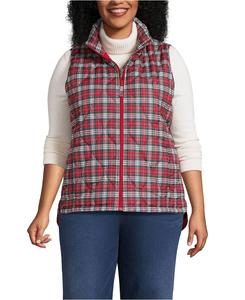 Утепленный стеганый жилет больших размеров с принтом и перьями Lands' End, Rich red plaid