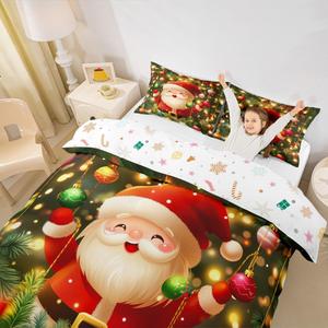 Erosebridal Комплект постельного белья с новогодним принтом Санта Клаус и ёлка, Red Yellow Green