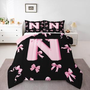 Erosebridal Комплект постельного белья Initial Letter N с милыми бантами в стиле препи и кокет, Pink Black N
