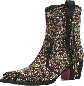 Женские ботильоны Tsrenlmln с заостренным носком, стразы, вестерн-стиль, ковбойские, без застежки, короткие, Black