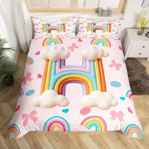 Erosebridal Комплект постельного белья H с радужными буквами и кавайными бантами, монохромный дизайн для детей и взрослых, Rainbow Letter H