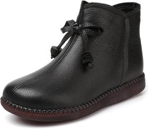 Женские мягкие кожаные дышащие ботильоны на плоской подошве, ручная прошивка, шнуровка, модные повседневные ботильоны, легкие и удобные для ходьбы NIAIRKE, Black Cotton