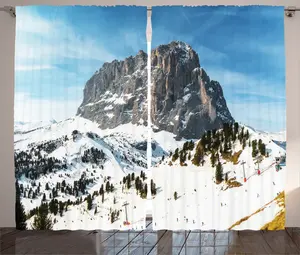 Штора ABAKUHAUS Natural Rustic, Снежные вершины Средиземноморья, для спальни, присборенная тесьма с петлями и крючками, 280 x 245 см, коричнево-сине-белая Abakuhaus