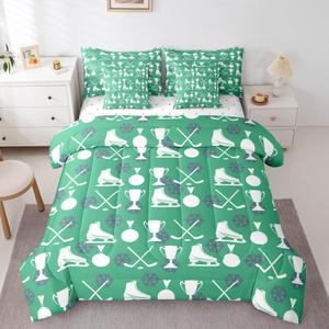 Erosebridal Комплект постельного белья Ice Hockey Bed in a Bag Queen зеленый с хоккейной тематикой и снежинками для спортивного декора, Green White Blue