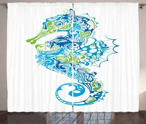 Штора ABAKUHAUS Морской конек в деревенском стиле, абстрактный геометрический узор, присборенная тесьма для спальни с петлями и крючками, 280 x 225 см, лаймово-зеленый, темно-синий и синий Abakuhaus